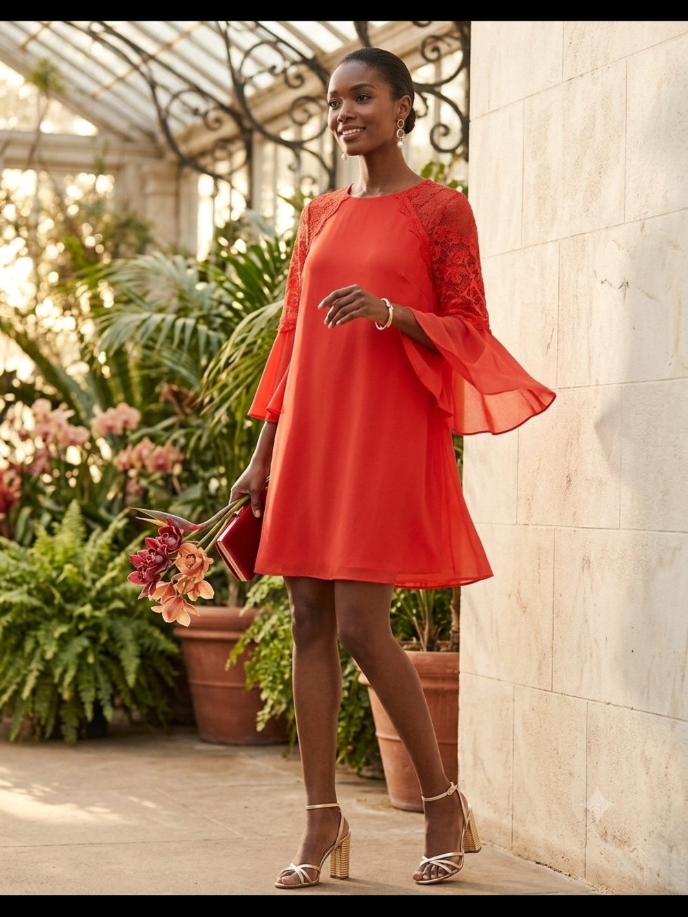 Badgley Mischka Red Lace-Detail Bell-Sleeve Mini Dress